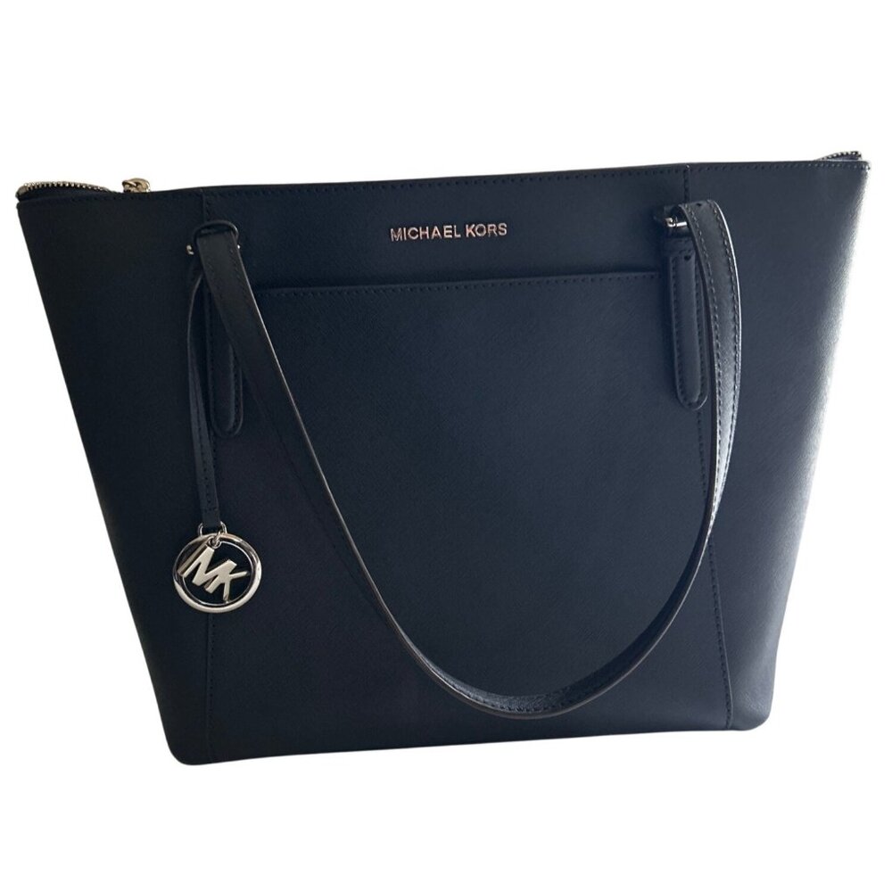 Michael Kors Navy Leather Tote Handbag With Silver MK Charm & Zipper Closure - Picture 3 of 14